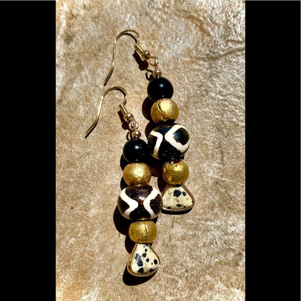 Tribal Earrings African Trade Brass Beads Black Agate and Dalmatian Jasper